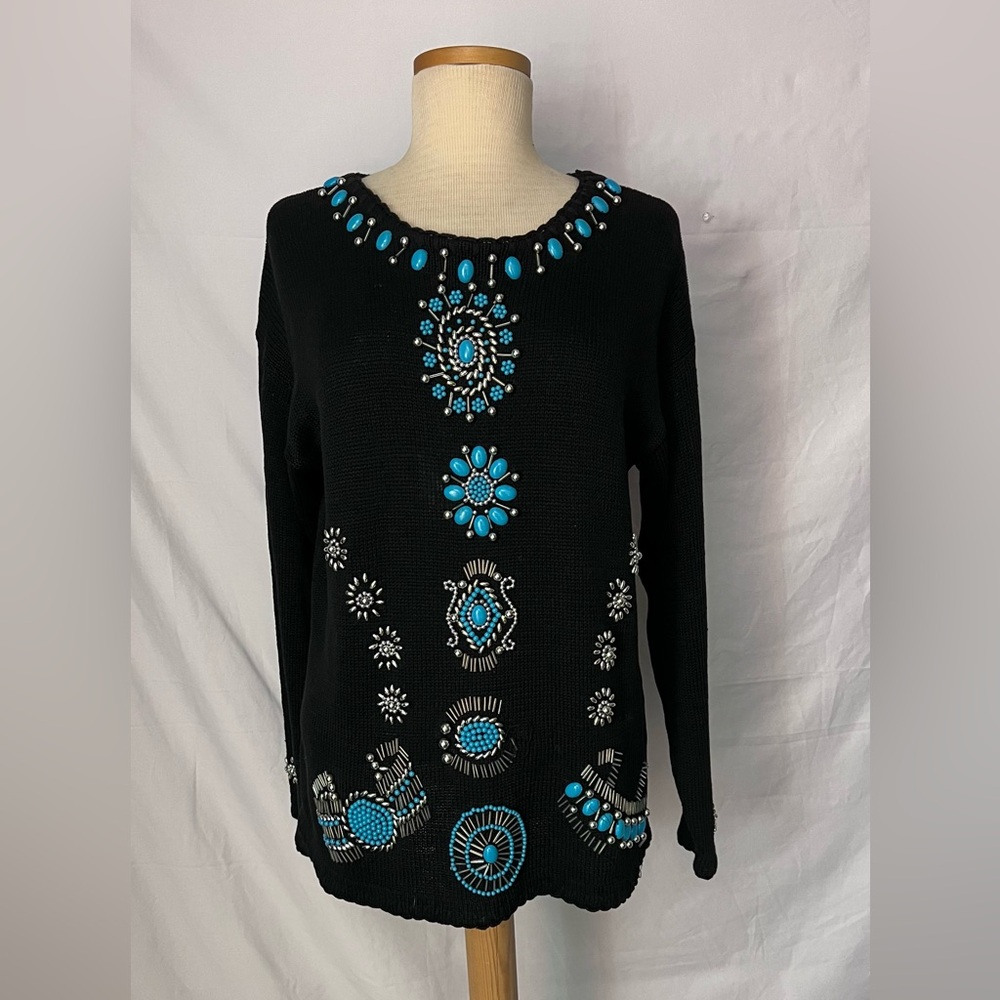 Studio Black Sweater with Turquoise Jewel Embellishments vintage